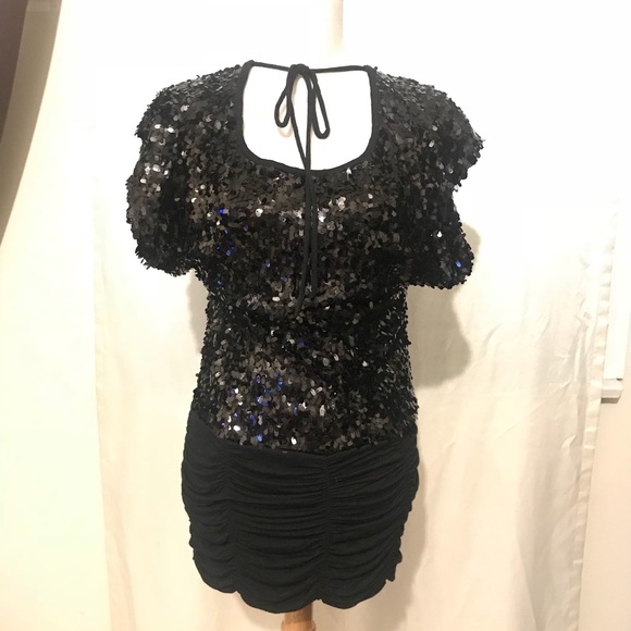 Black Mini Disc Sequins Dress - Picture 3 of 5